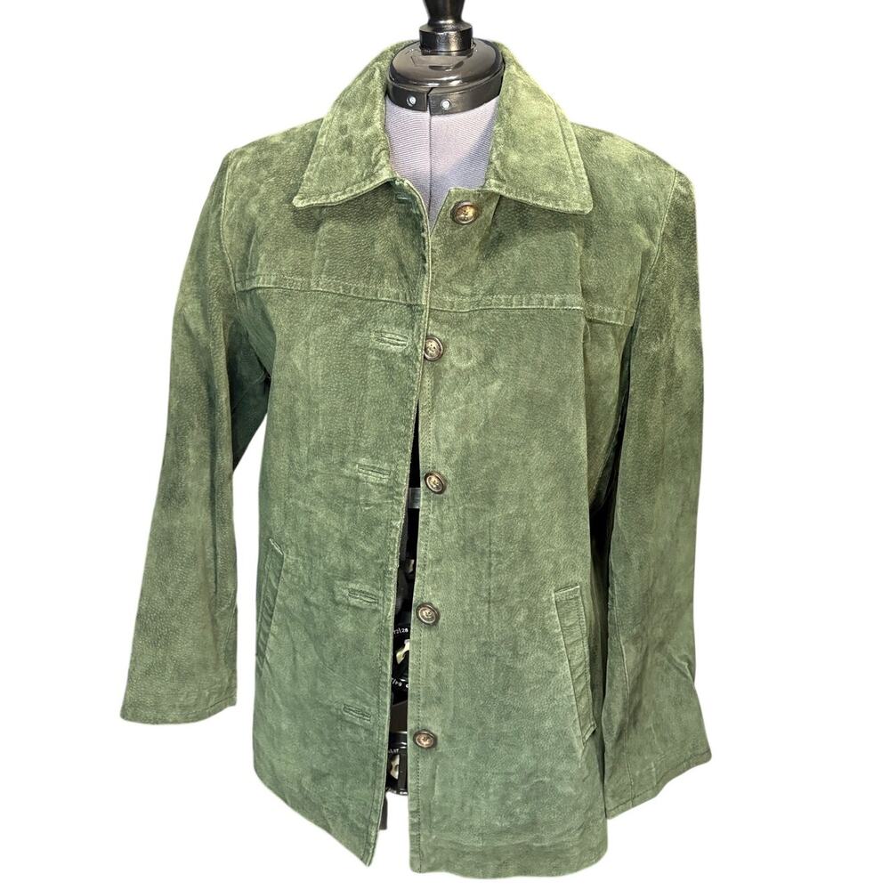 Style & Co Olive Green Suede Leather Jacket  Size S Button Front Boho Western